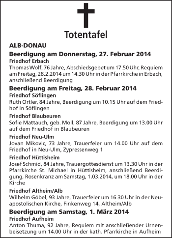 Anzeige von Totentafel vom 27.02.2014 von Schwäbische Zeitung