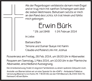 Anzeige von Erwin Bürk von Schwäbische Zeitung