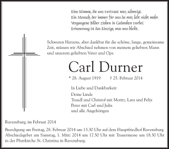 Anzeige von Carl Durner von Schwäbische Zeitung