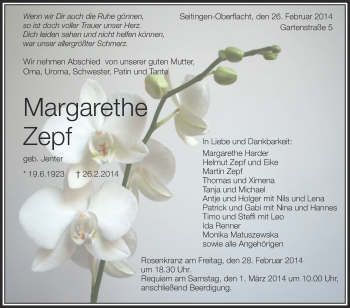Anzeige von Margarethe Zepf von Schwäbische Zeitung