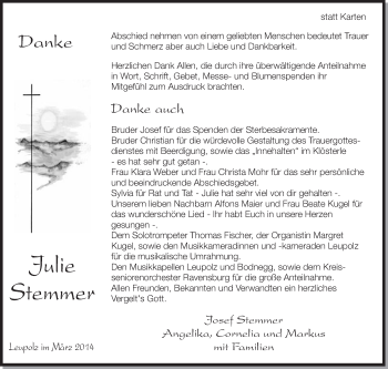 Anzeige von Julie Stemmer von Schwäbische Zeitung