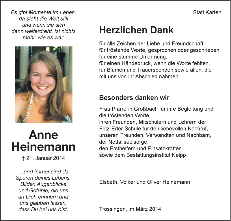  Traueranzeige für Anne Heinemann vom 01.03.2014 aus Schwäbische Zeitung