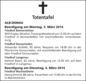 Anzeige von Totentafel  von Schwäbische Zeitung
