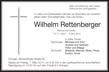 Anzeige von Wilhelm Rettenberger von Schwäbische Zeitung