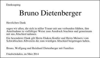 Anzeige von Bruno Dietenberger von Schwäbische Zeitung
