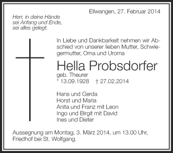 Anzeige von Hella Probsdorfer von Schwäbische Zeitung