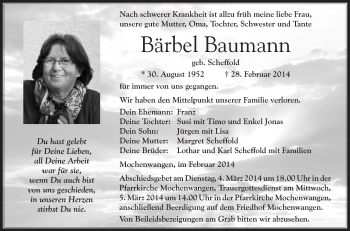 Anzeige von Bärbel Baumann von Schwäbische Zeitung