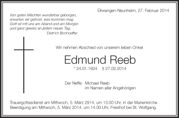 Anzeige von Edmund Reeb von Schwäbische Zeitung