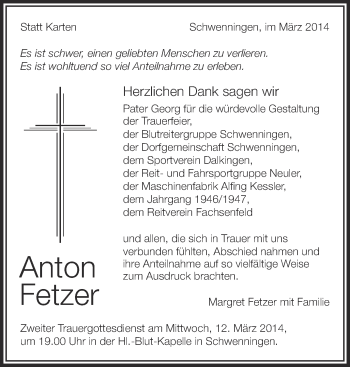 Anzeige von Anton Fetzer von Schwäbische Zeitung