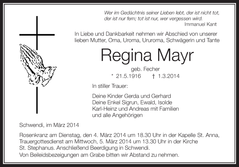  Traueranzeige für Regina Mayr vom 03.03.2014 aus Schwäbische Zeitung