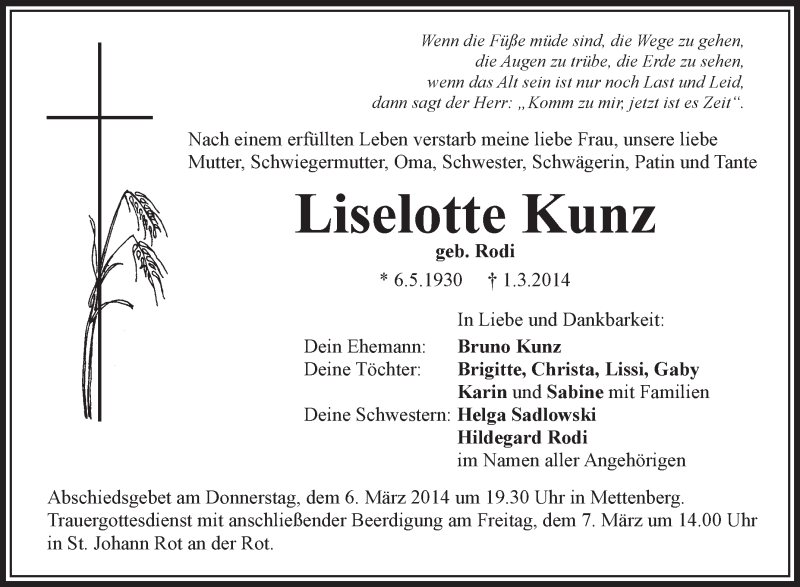  Traueranzeige für Liselotte Kunz vom 05.03.2014 aus Schwäbische Zeitung