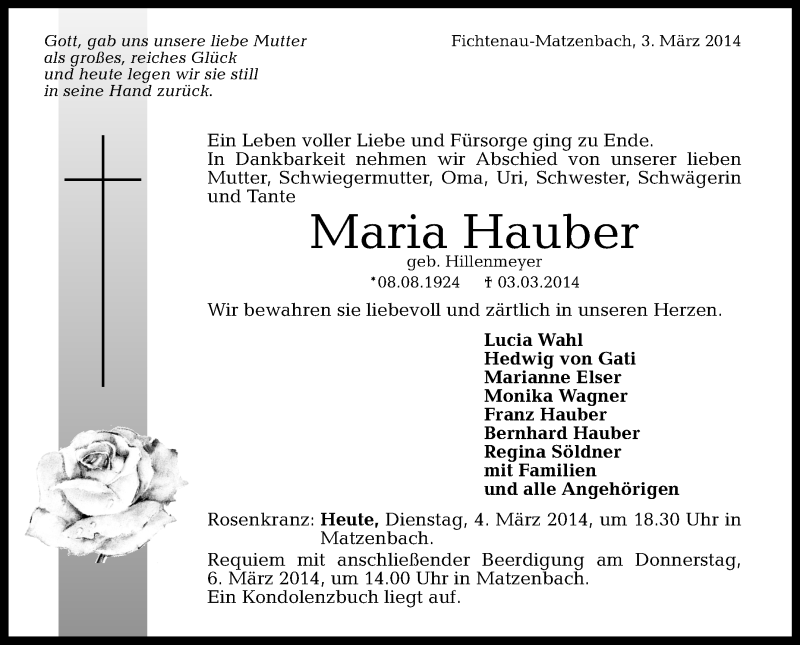  Traueranzeige für Maria Hauber vom 04.03.2014 aus Schwäbische Zeitung