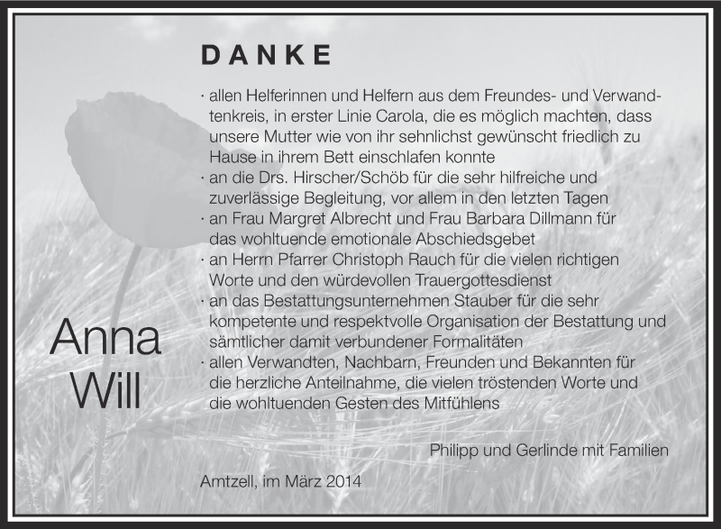  Traueranzeige für Anna Will vom 05.03.2014 aus Schwäbische Zeitung