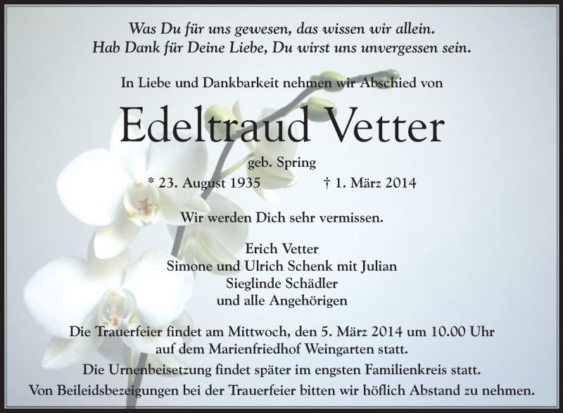  Traueranzeige für Edeltraud Vetter vom 04.03.2014 aus Schwäbische Zeitung