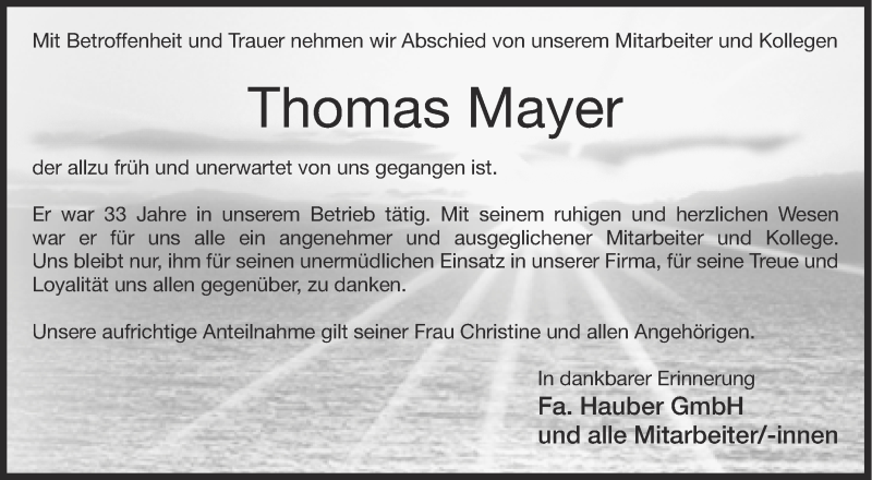  Traueranzeige für Thomas Mayer vom 05.03.2014 aus Schwäbische Zeitung