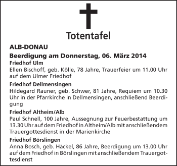 Anzeige von Totentafel vom 05.03.2014 von Schwäbische Zeitung