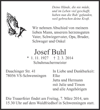 Anzeige von Josef Buhl von Schwäbische Zeitung