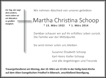 Anzeige von Martha Christina Schoop von Schwäbische Zeitung