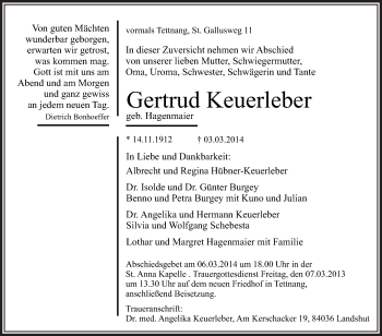 Anzeige von Gertrud Keuerleber von Schwäbische Zeitung