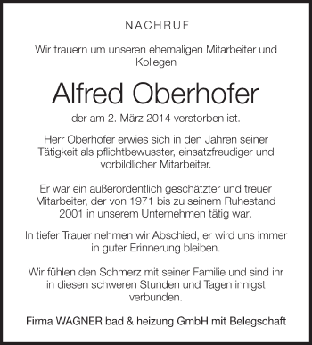 Anzeige von Alfred Oberhofer von Schwäbische Zeitung