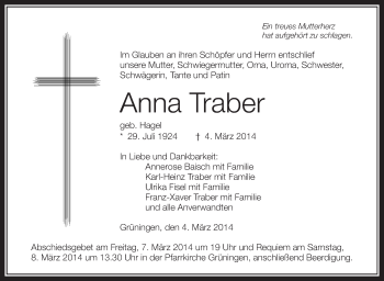 Anzeige von Anna Traber von Schwäbische Zeitung