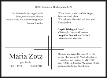 Anzeige von Maria Zotz von Schwäbische Zeitung