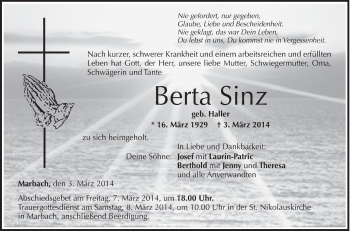 Anzeige von Berta Sinz von Schwäbische Zeitung
