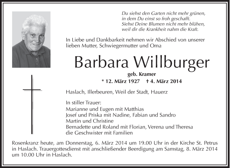  Traueranzeige für Barbara WiIIburger vom 06.03.2014 aus Schwäbische Zeitung