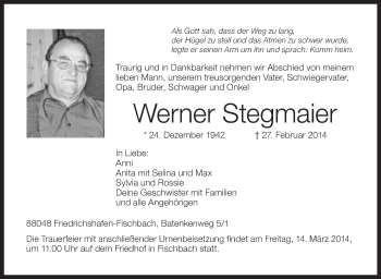 Anzeige von Werner Stegmaier von Schwäbische Zeitung