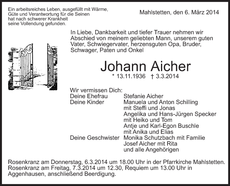  Traueranzeige für Johann Aicher vom 06.03.2014 aus Schwäbische Zeitung