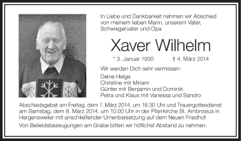 Anzeige von Xaver Wilhelm von Schwäbische Zeitung