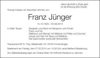 Anzeige von Franz Jünger von Schwäbische Zeitung