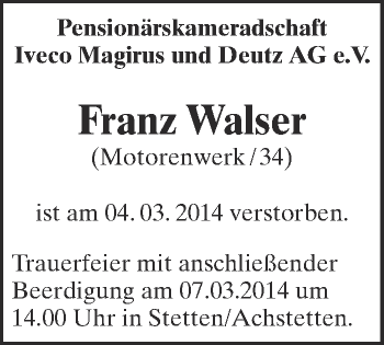 Anzeige von Franz Walser von Schwäbische Zeitung