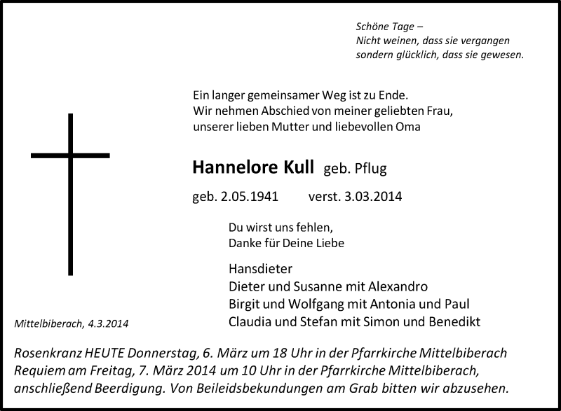  Traueranzeige für Hannelore Kull vom 06.03.2014 aus Schwäbische Zeitung