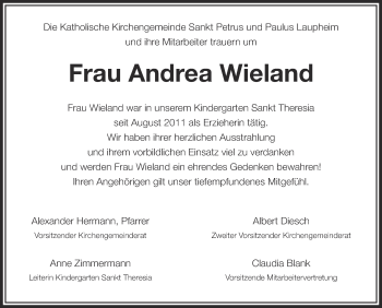 Anzeige von Andrea Wieland von Schwäbische Zeitung