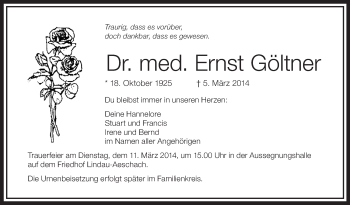 Anzeige von Ernst Göltner von Schwäbische Zeitung