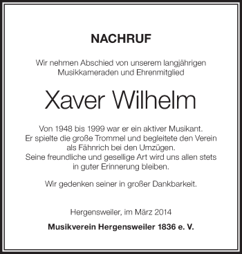 Anzeige von Xaver Wilhelm von Schwäbische Zeitung