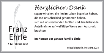 Anzeige von Franz Ehrle von Schwäbische Zeitung