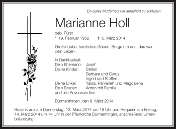 Anzeige von Marianne Holl von Schwäbische Zeitung