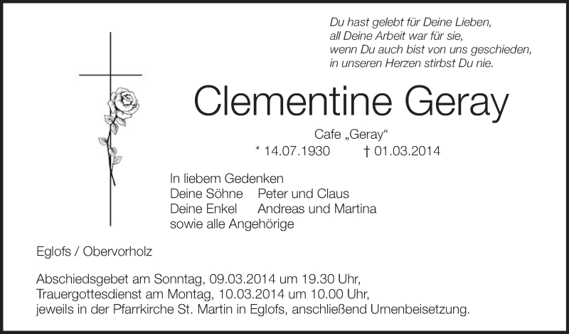  Traueranzeige für Clementine Geray vom 08.03.2014 aus Schwäbische Zeitung