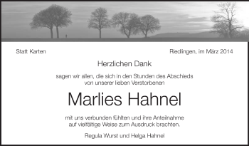 Anzeige von Marlies Hahnel von Schwäbische Zeitung