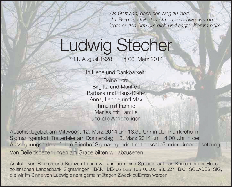  Traueranzeige für Ludwig Stecher vom 08.03.2014 aus Schwäbische Zeitung