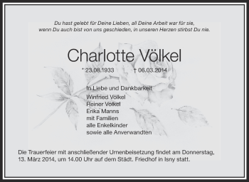 Anzeige von Charlotte Völkel von Schwäbische Zeitung