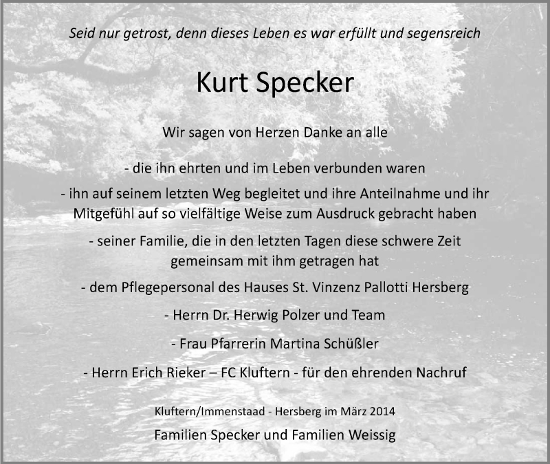  Traueranzeige für Kurt Specker vom 08.03.2014 aus Schwäbische Zeitung