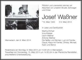 Anzeige von Josef Waßner von Schwäbische Zeitung