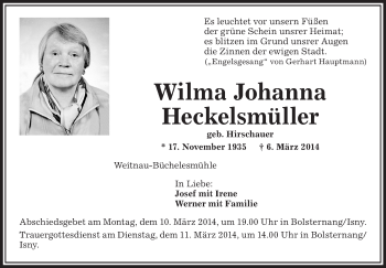 Anzeige von Wilma Johanna Heckelsmüller von Schwäbische Zeitung