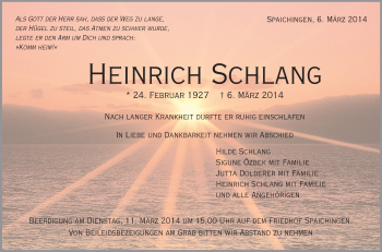 Anzeige von Heinrich Schlang von Schwäbische Zeitung