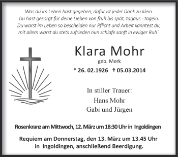 Anzeige von Klara Mohr von Schwäbische Zeitung