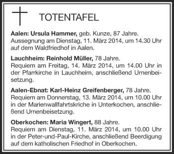 Anzeige von Totentafel vom 08.03.2014 von Schwäbische Zeitung