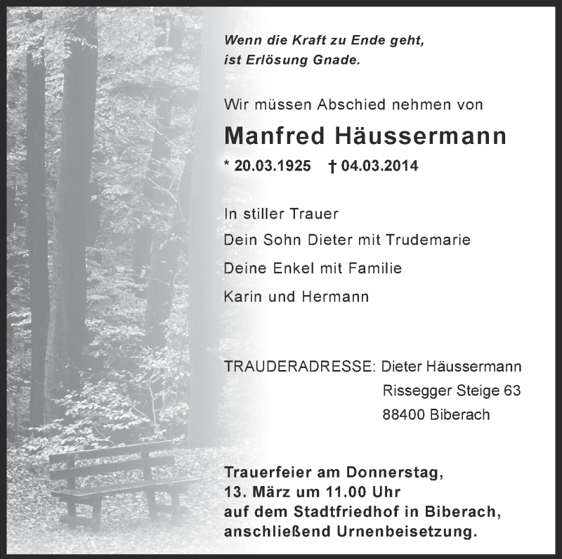  Traueranzeige für Manfred Häussermann vom 10.03.2014 aus Schwäbische Zeitung